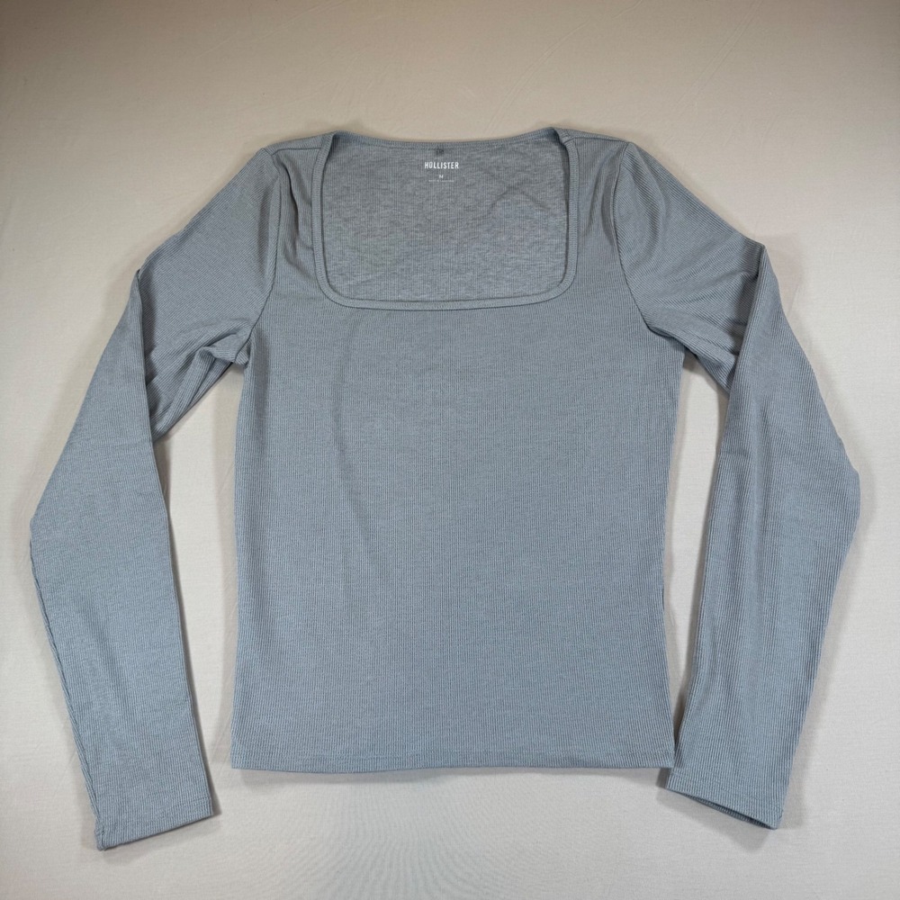 Hollister Womens Ribbed Square Neck Long Sleeve Top Grey Size M
